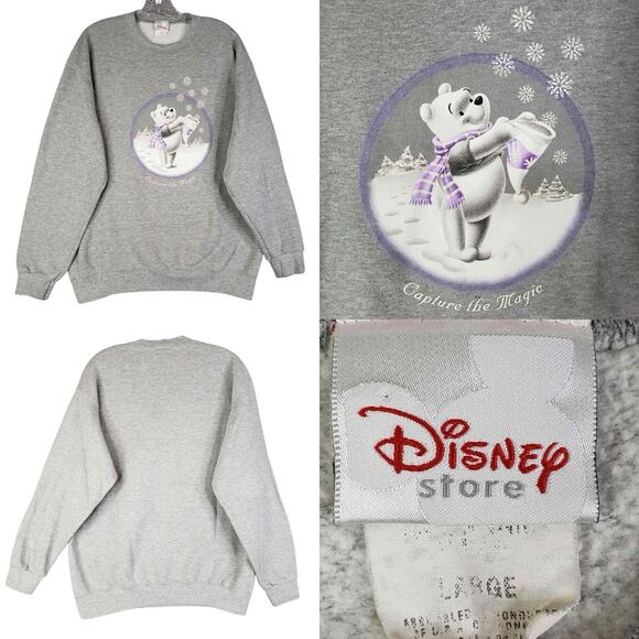 Vintage Disney Winnie the Pooh Winter Sweatshirt Size Large L Gray Snow - Picture 1 of 9